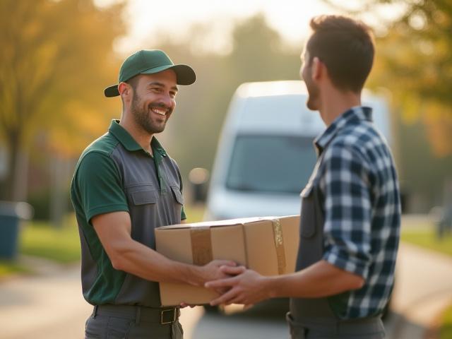 Professional logistics driver delivering a parcel to a customer in Michigan