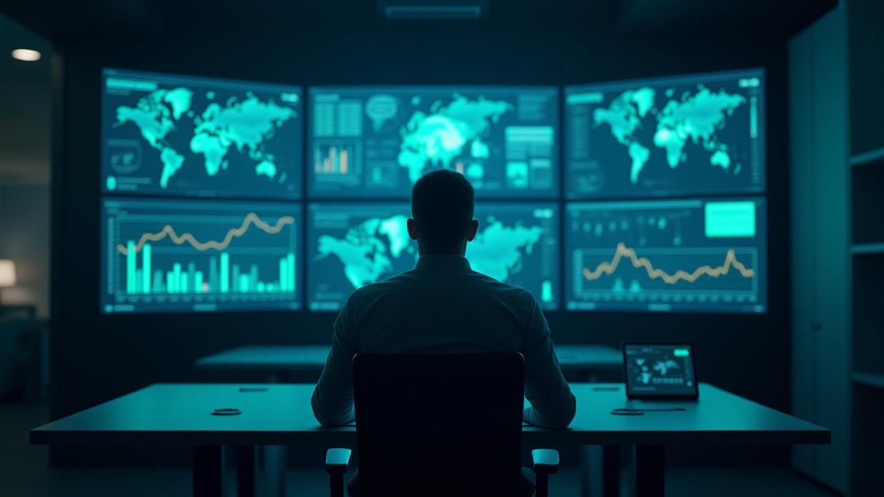 Logistics coordinator managing global freight network on multiple screens