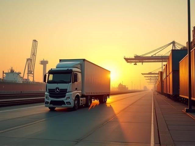 Graphic showing efficient transshipment flow between ship, rail, and truck