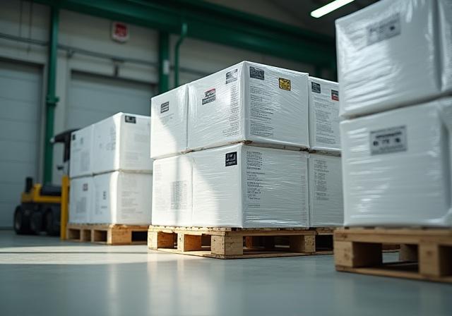 Consolidated palletized freight being organized for regional delivery