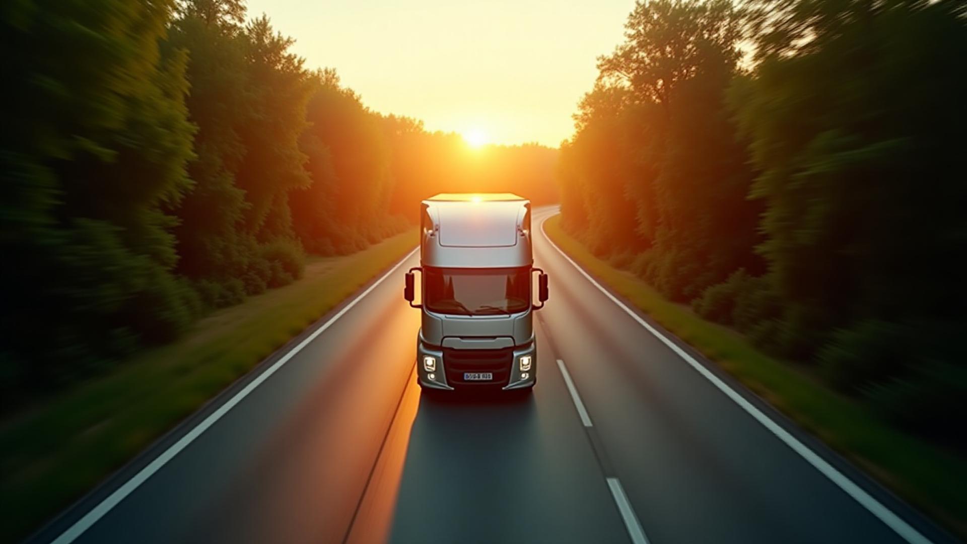 Modern fuel-efficient truck driving through a sustainable green landscape