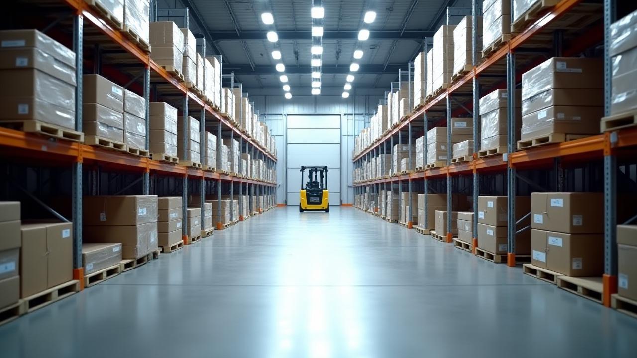 Clean modern warehouse with organized high racks and active logistics personnel